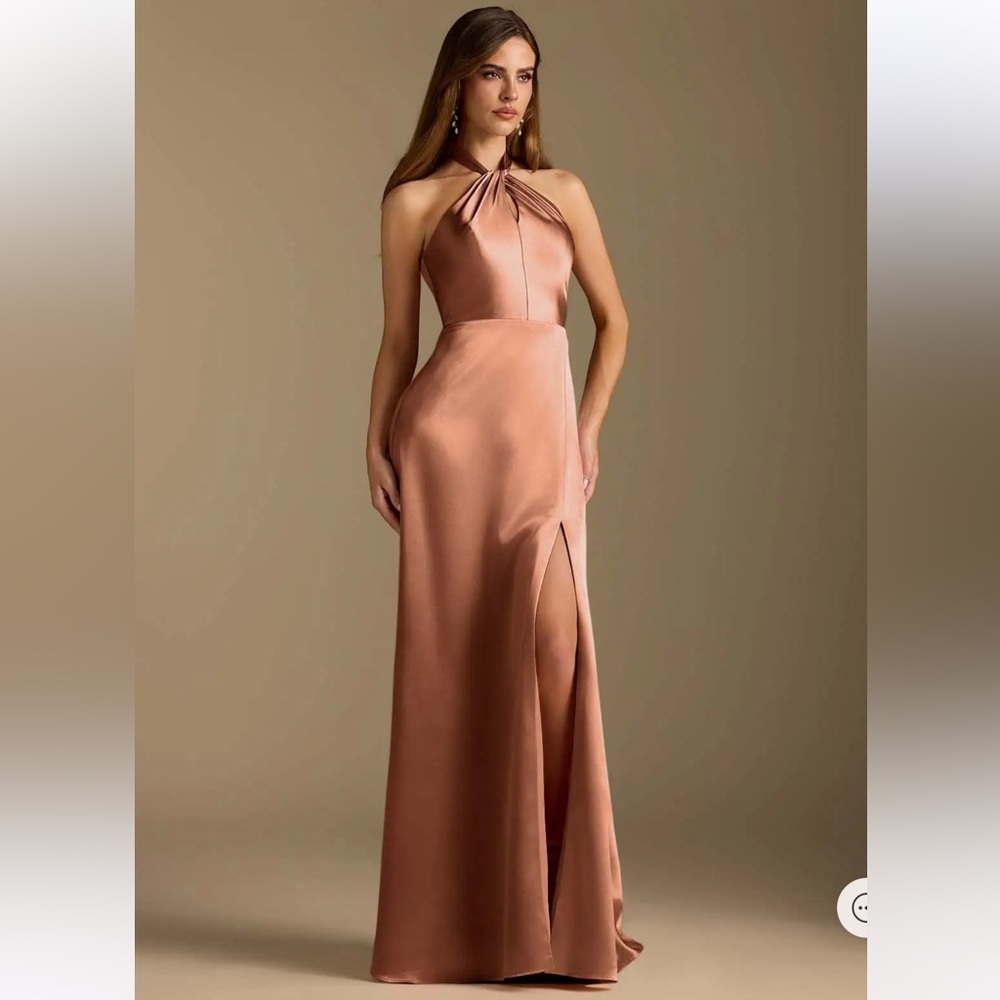 Azazie Bronzer Halter Neck Satin Dress